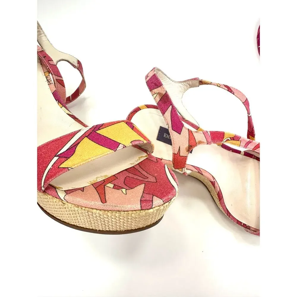 Emilio Pucci Vintage Y2K Wedge Sandal Size 10/40 Pink Multicolor Designer Italy